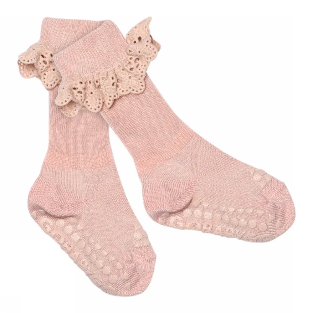 Skridsikre BambusStrømper m. Blonde - Soft Pink - 17/19 billede