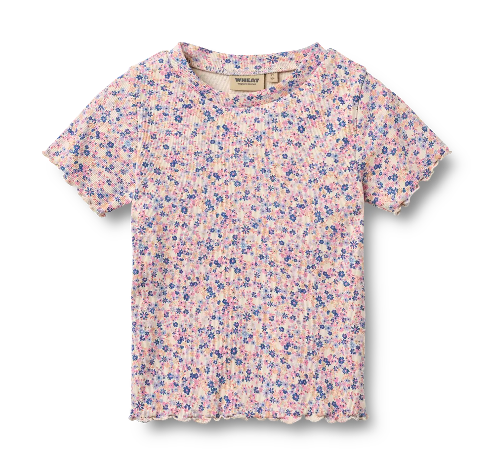 Alicia Rib T-Shirt - Pink Blue Flowers - 104 billede